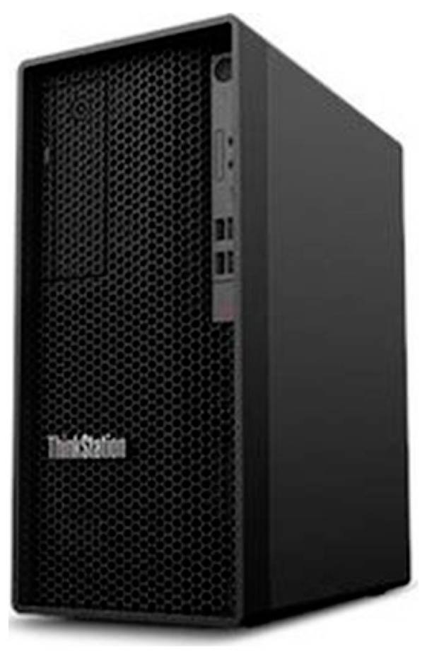 Schwarzer Lenovo ThinkStation Desktop-Tower-Computer von vorne-links gezeigt.