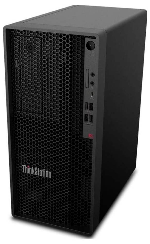 Schwarzer Lenovo ThinkStation Desktop-Tower mit Wabengitter-Frontblende und vorderen Anschlüssen/Tasten, vor weißem Hintergrund dargestellt