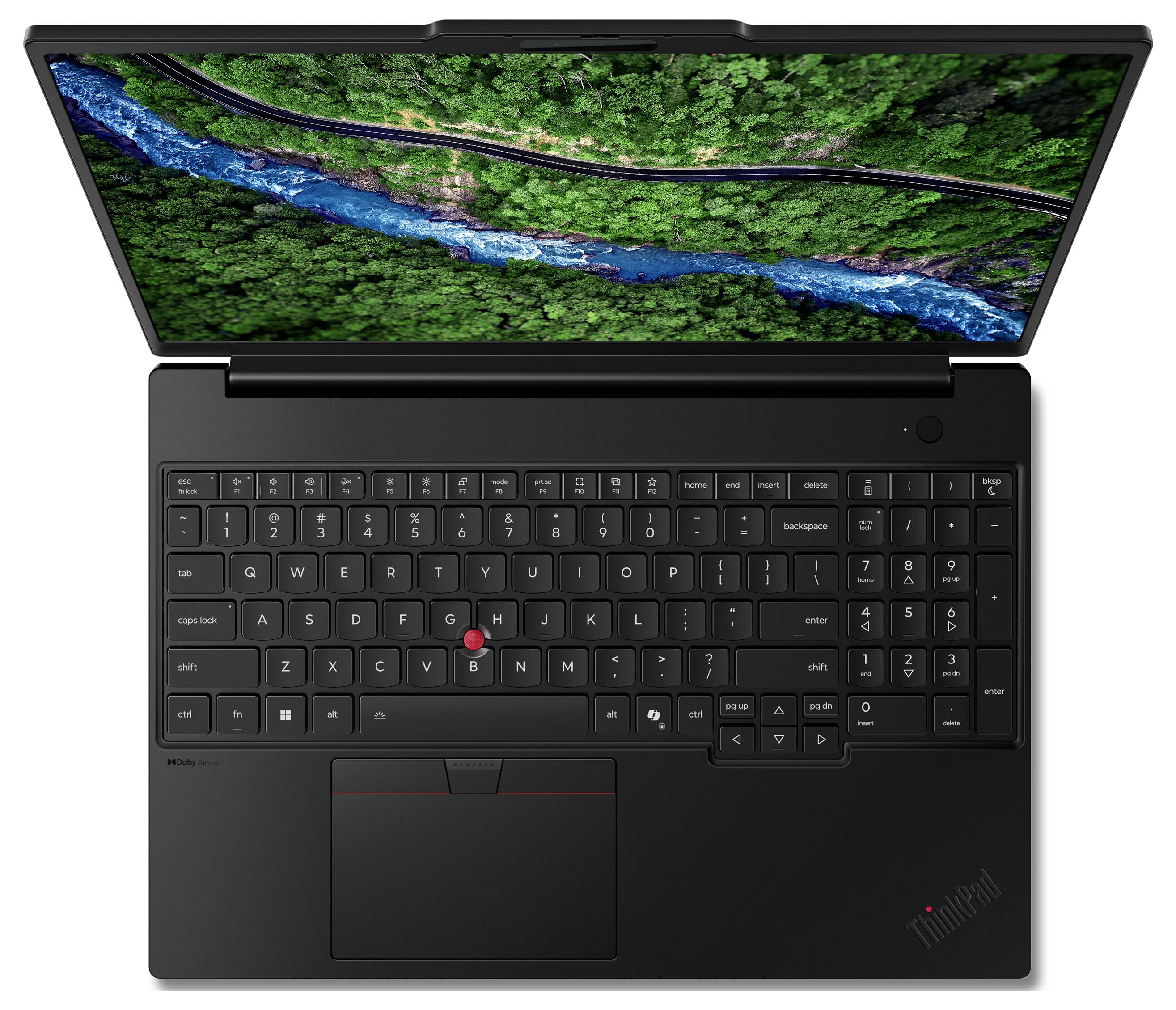 Draufsicht auf einen offenen schwarzen ThinkPad-Laptop mit einem Wald- und Flussbild auf dem Bildschirm sowie sichtbarer Tastatur, Touchpad und rotem Trackpoint.