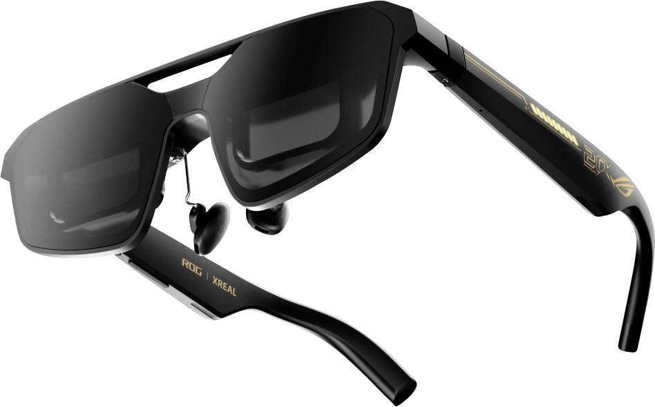 Schwarze ROG XREAL Sonnenbrillenstil-Smartglasses mit großen getönten Gläsern, integrierten Kameras und „ROG XREAL"-Branding auf den Bügeln.
