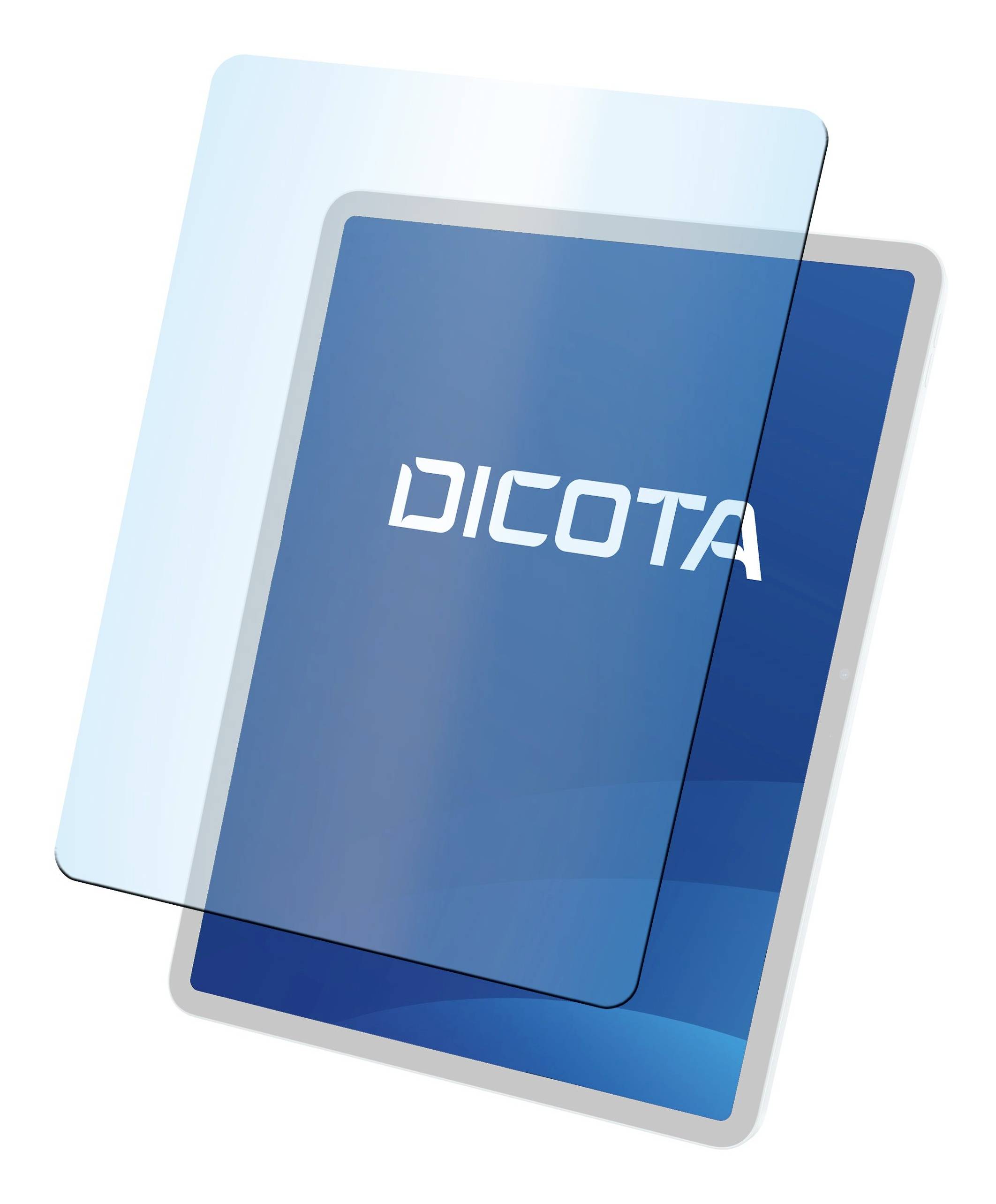 Transparente blaue Laptop-Schutzhülle über einer blauen DICOTA-Tasche, dargestellt als Produktbild.