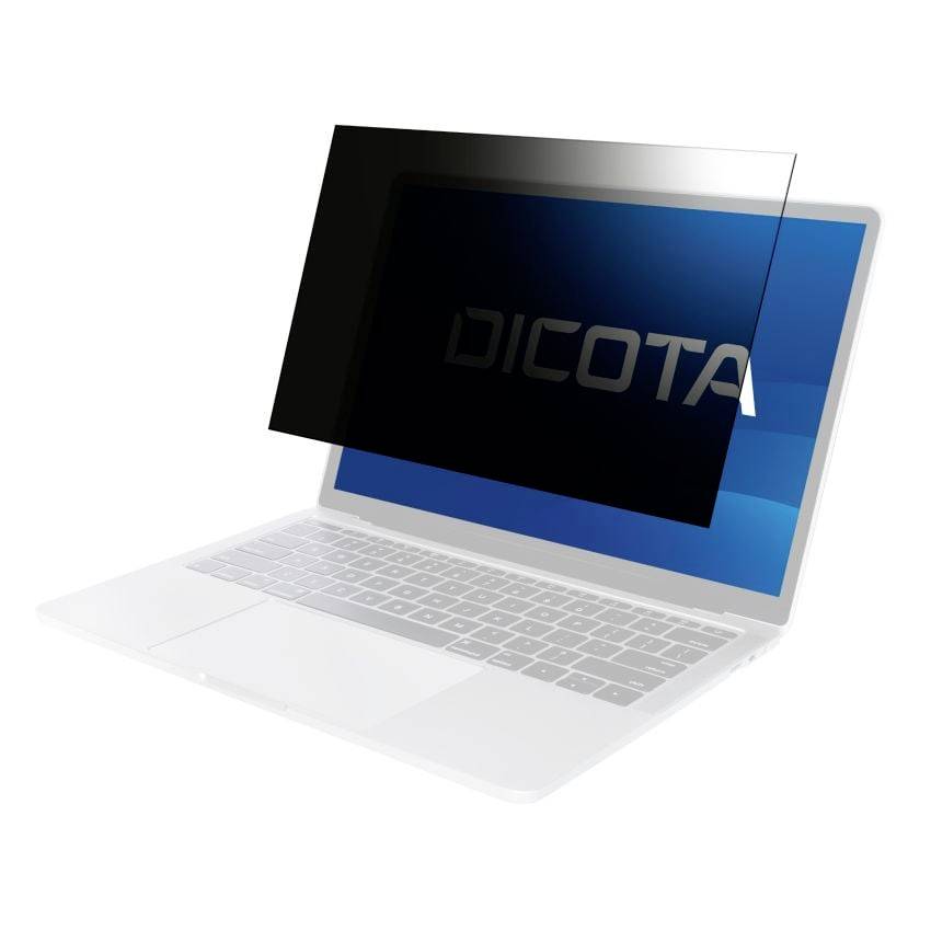 Laptop-Bildschirm mit dunkler Datenschutz-Filterfolie mit der Bezeichnung 'DICOTA', darunter ein blau leuchtender Bildschirm sichtbar.