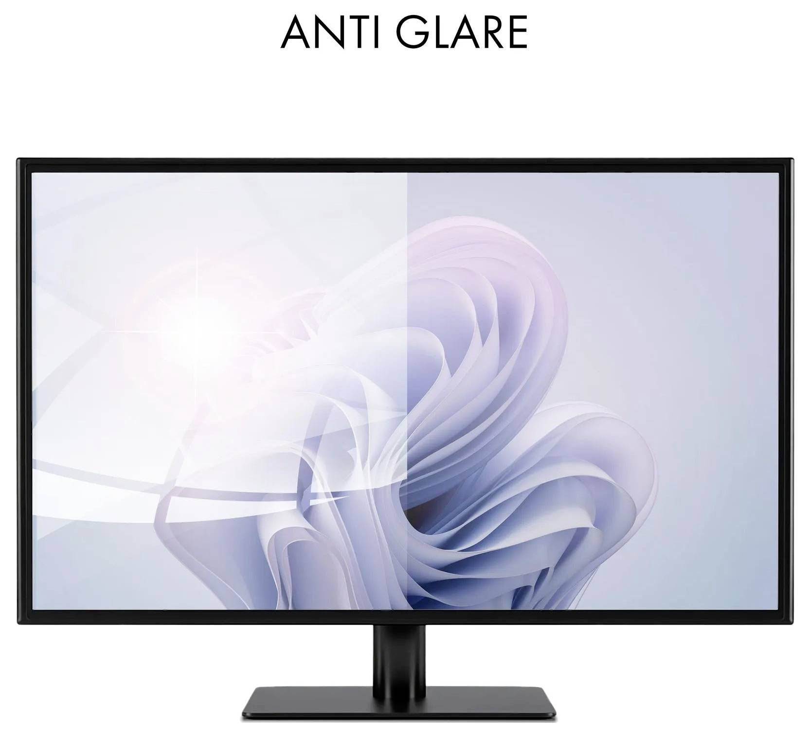 Monitor-Display mit der Bezeichnung „ANTI GLARE" zeigt reduzierte Spiegelungen auf einer hellen abstrakten Tapete und demonstriert eine entspiegelte Bildschirmoberfläche.