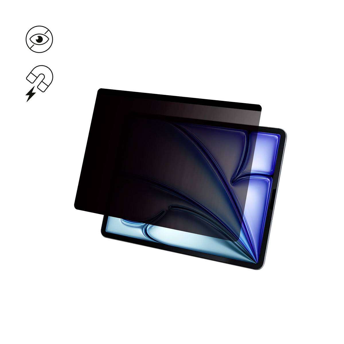 Zwei überlappende Tablets oder Smartphones, eines schwarz und eines blau, in einem Winkel auf weißem Hintergrund dargestellt, mit kleinen Auge- und Magnet-Symbolen oben links.