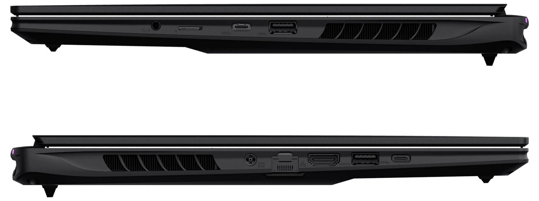Seitenansichten der linken und rechten Kanten eines schwarzen Laptops, die Anschlüsse, Lüftungsschlitze und das schlanke Profil auf weißem Hintergrund zeigen.