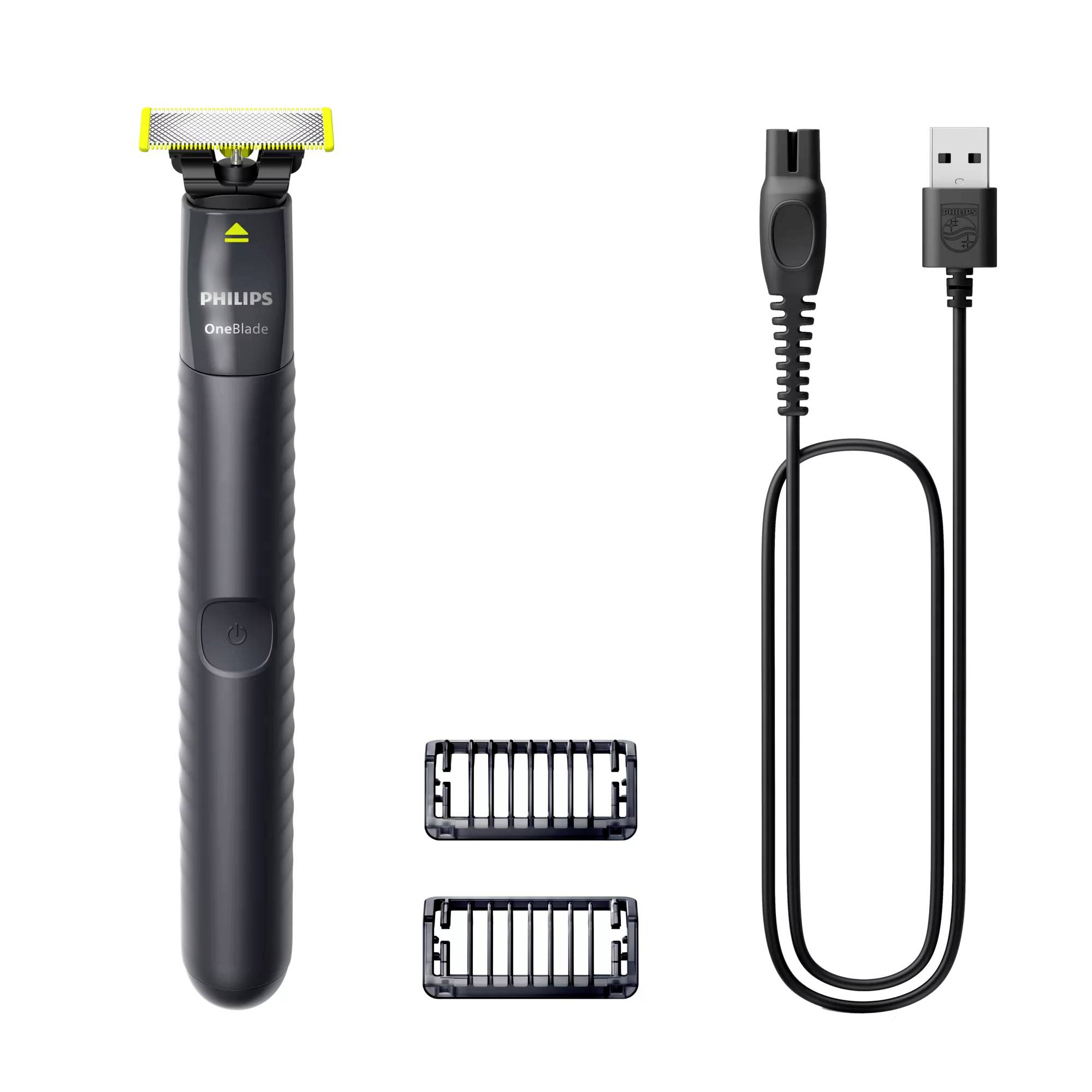 Philips OneBlade Trimmer mit zwei austauschbaren Kammaufsätzen und einem USB-Ladekabel auf weißem Hintergrund.