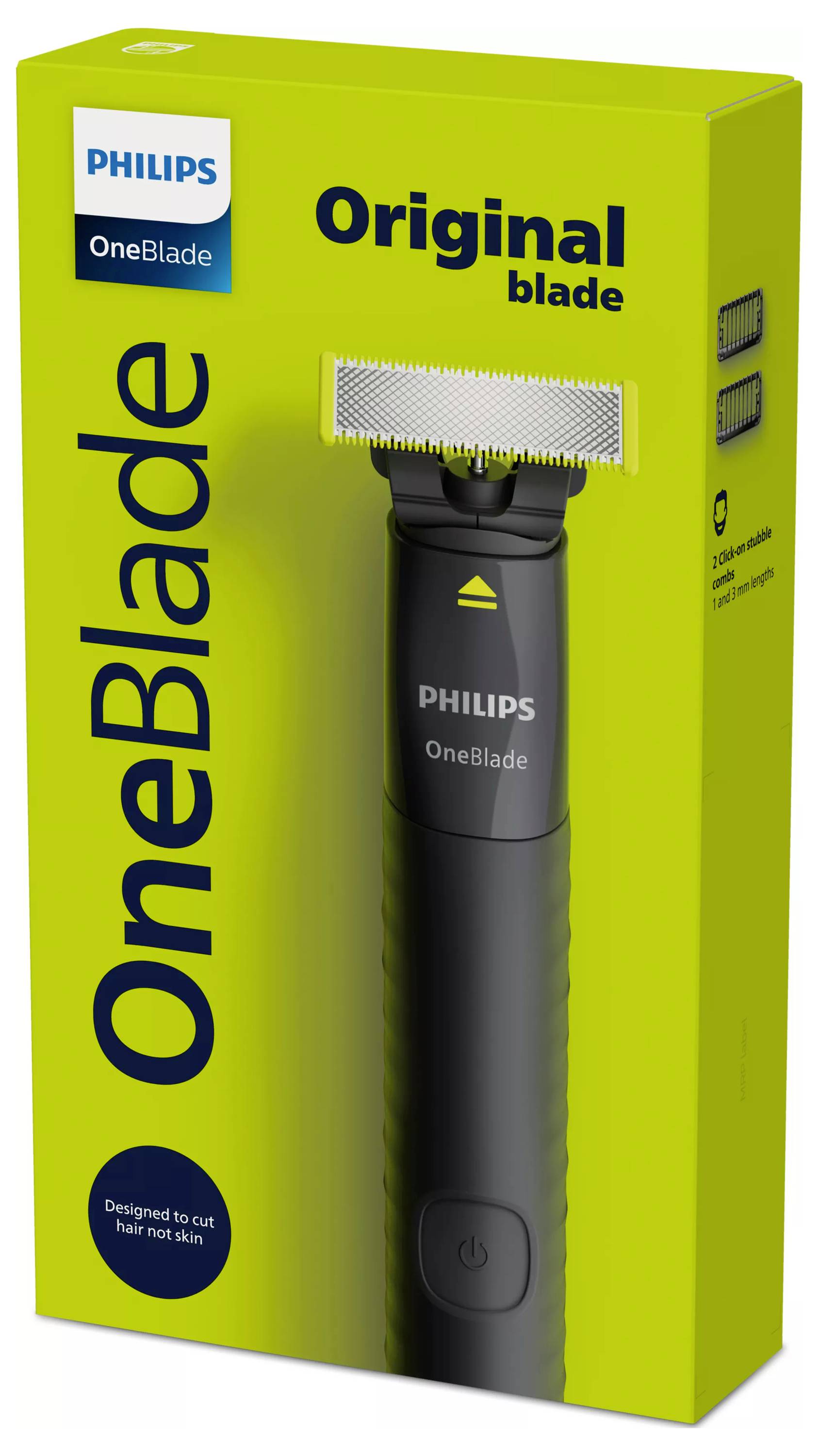 Philips OneBlade Original Klingenwechselpaket auf leuchtend grüner Schachtel, die den Trimmergriff und die Klingenaufsatz zeigt.