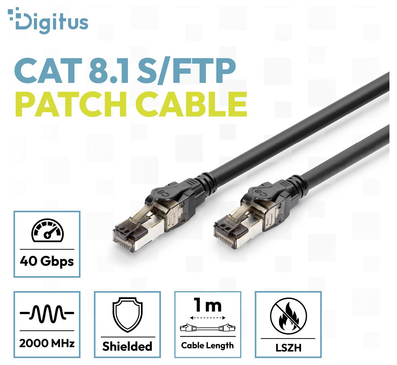 Digitus CAT 8.1 S/FTP Patchkabel Produktbild mit zwei schwarzen Ethernet-Steckern und Funktionssymbolen: 40 Gbps, 2000 MHz, geschirmt, 1 m, LSZH.