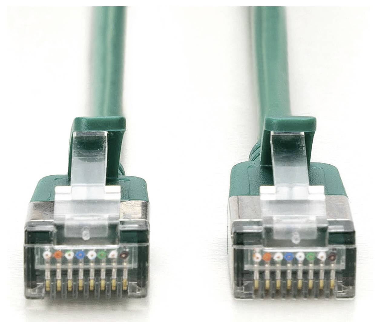 Zwei grüne Ethernet-Kabel mit RJ45-Steckern nebeneinander auf weißem Hintergrund dargestellt.