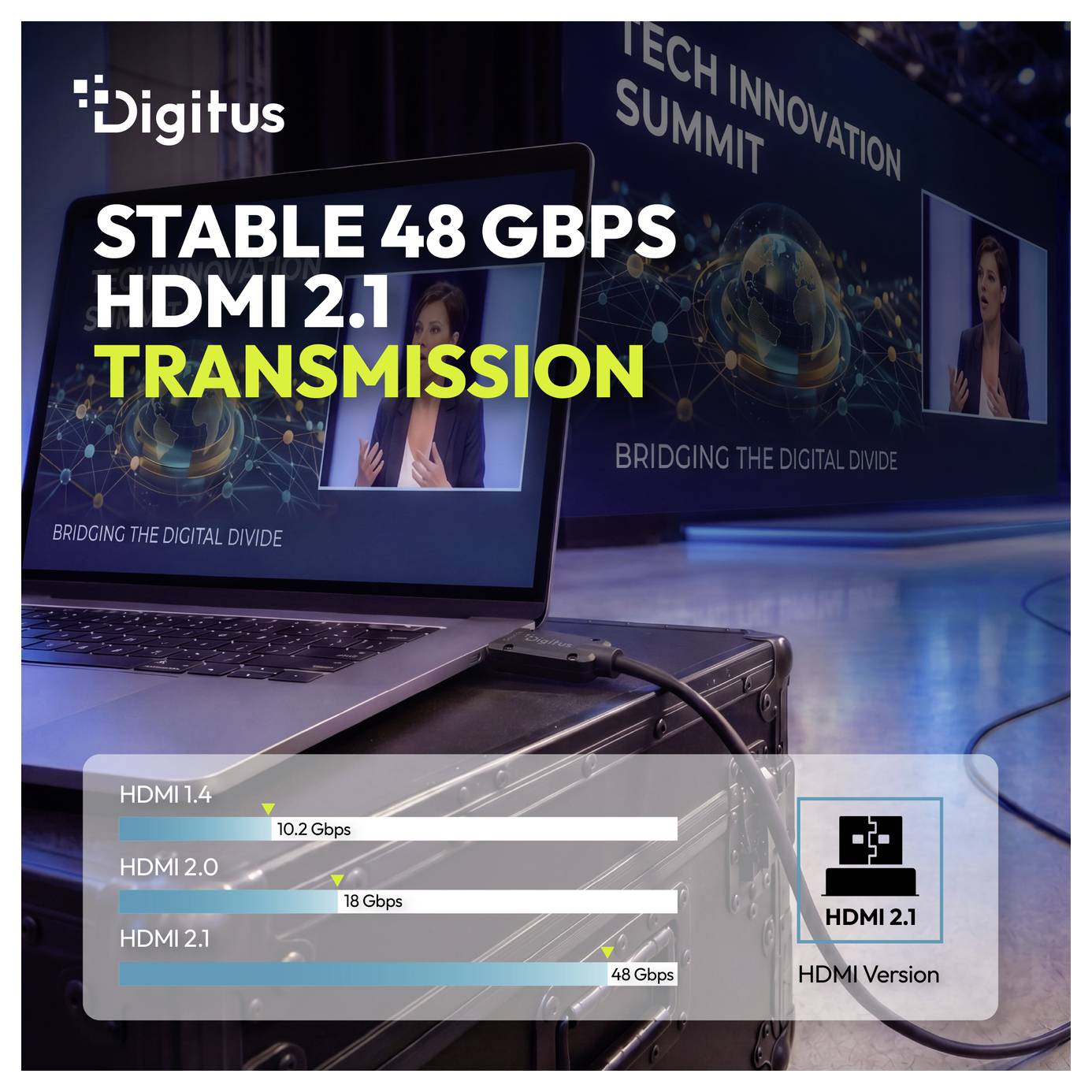 Digitus-Werbung mit Laptop und Diagramm für „Stabile 48-Gbps-HDMI-2.1-Übertragung", vergleicht HDMI-1.4-, 2.0- und 2.1-Geschwindigkeiten mit Technologie-Summit-Hintergrund.