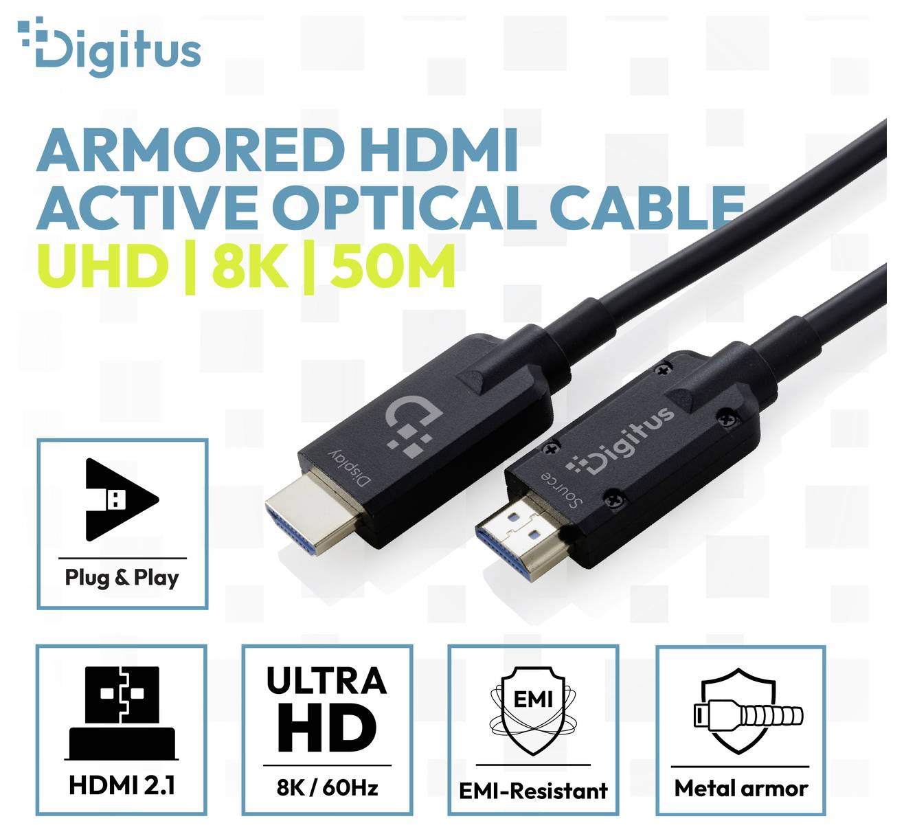 Digitus gepanzertes HDMI-Aktivoptokabel, UHD 8K 50m, mit Plug & Play, HDMI 2.1, Ultra HD 8K/60Hz, EMI-resistent und Metallpanzer-Symbolen.