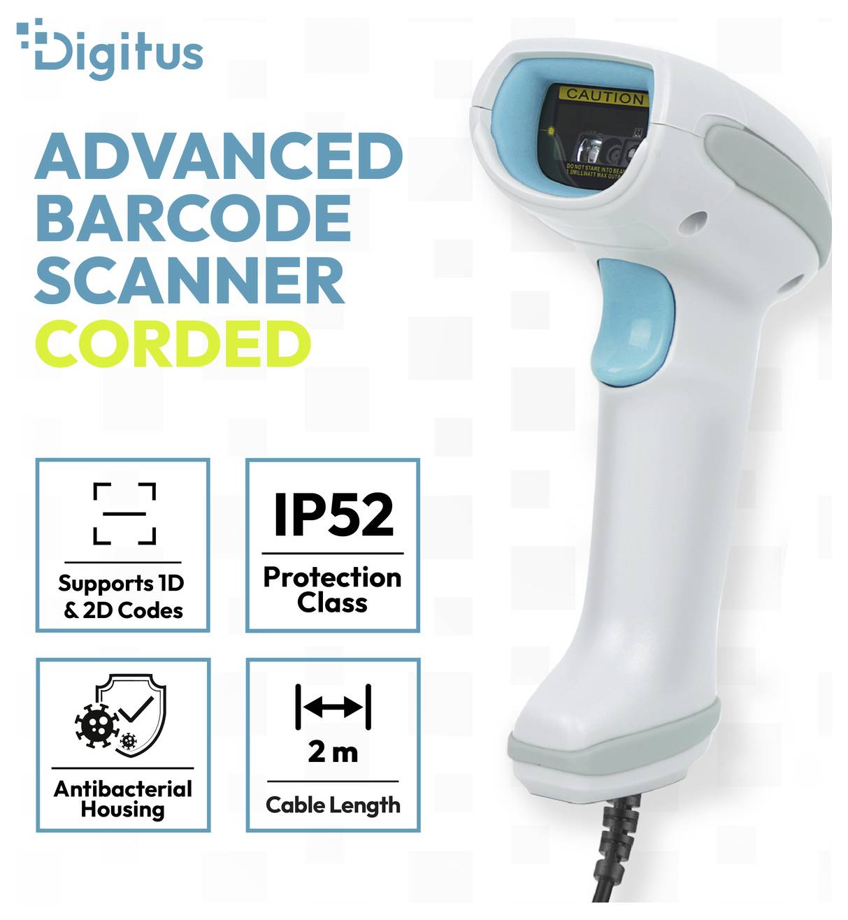 Angebot eines schnurgebundenen erweiterten Barcode-Scanners von Digitus mit Unterstützung für 1D- und 2D-Codes, IP52-Schutz, antibakteriellem Gehäuse und 2 m Kabel.