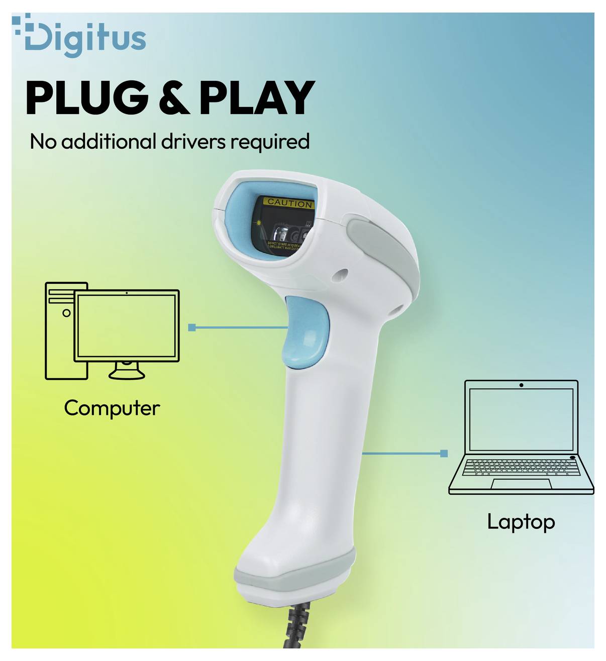 Digitus Plug-and-Play-Barcode-Scanner ohne erforderliche zusätzliche Treiber, gezeigt beim Anschluss an einen Computer und Laptop.
