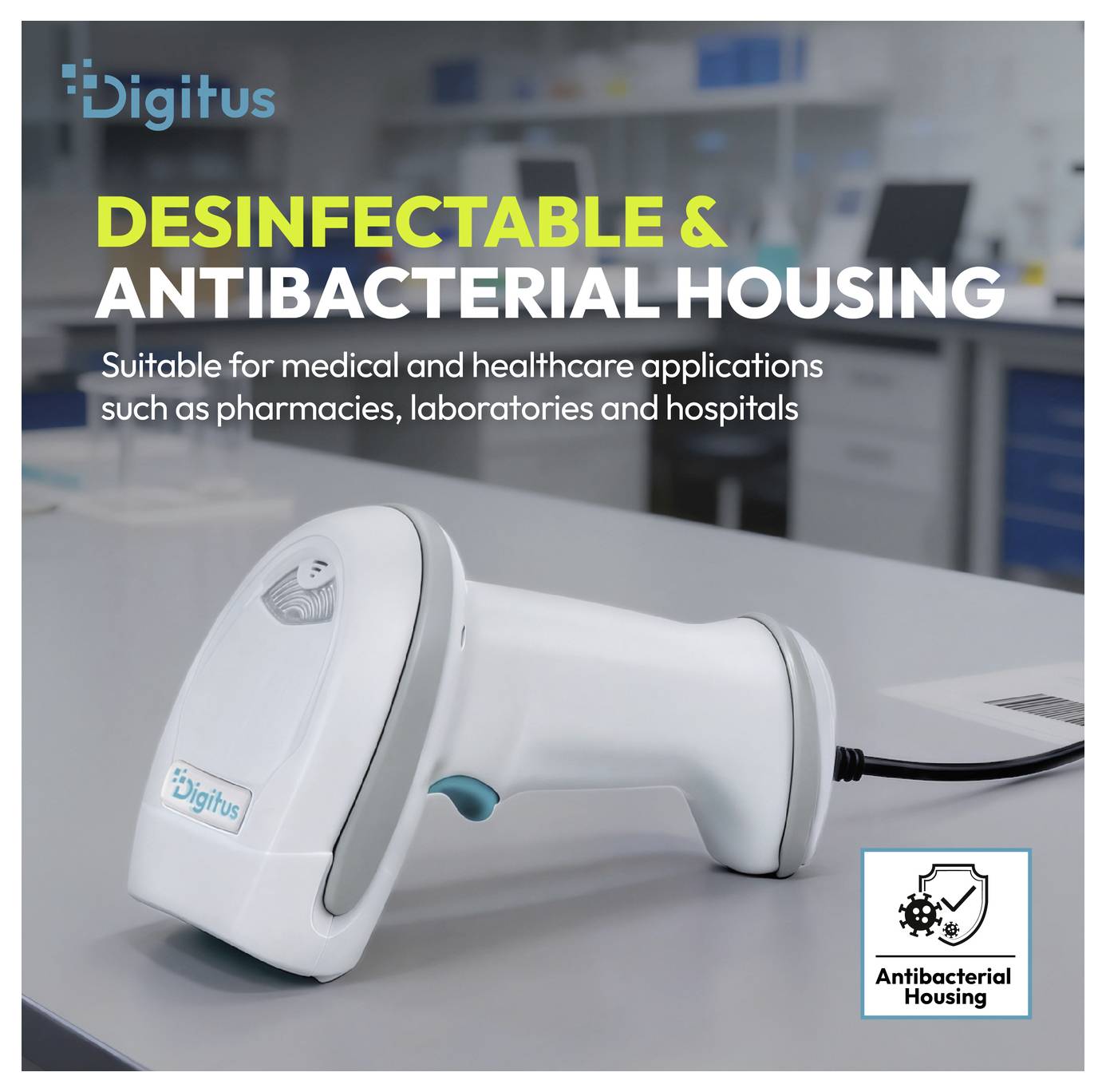 Digitus desinfizierbar, antibakterielles tragbares Gerät auf einem Tisch, gekennzeichnet für medizinische und Gesundheitswesen-Nutzung in Apotheken, Laboratorien und Krankenhäusern.