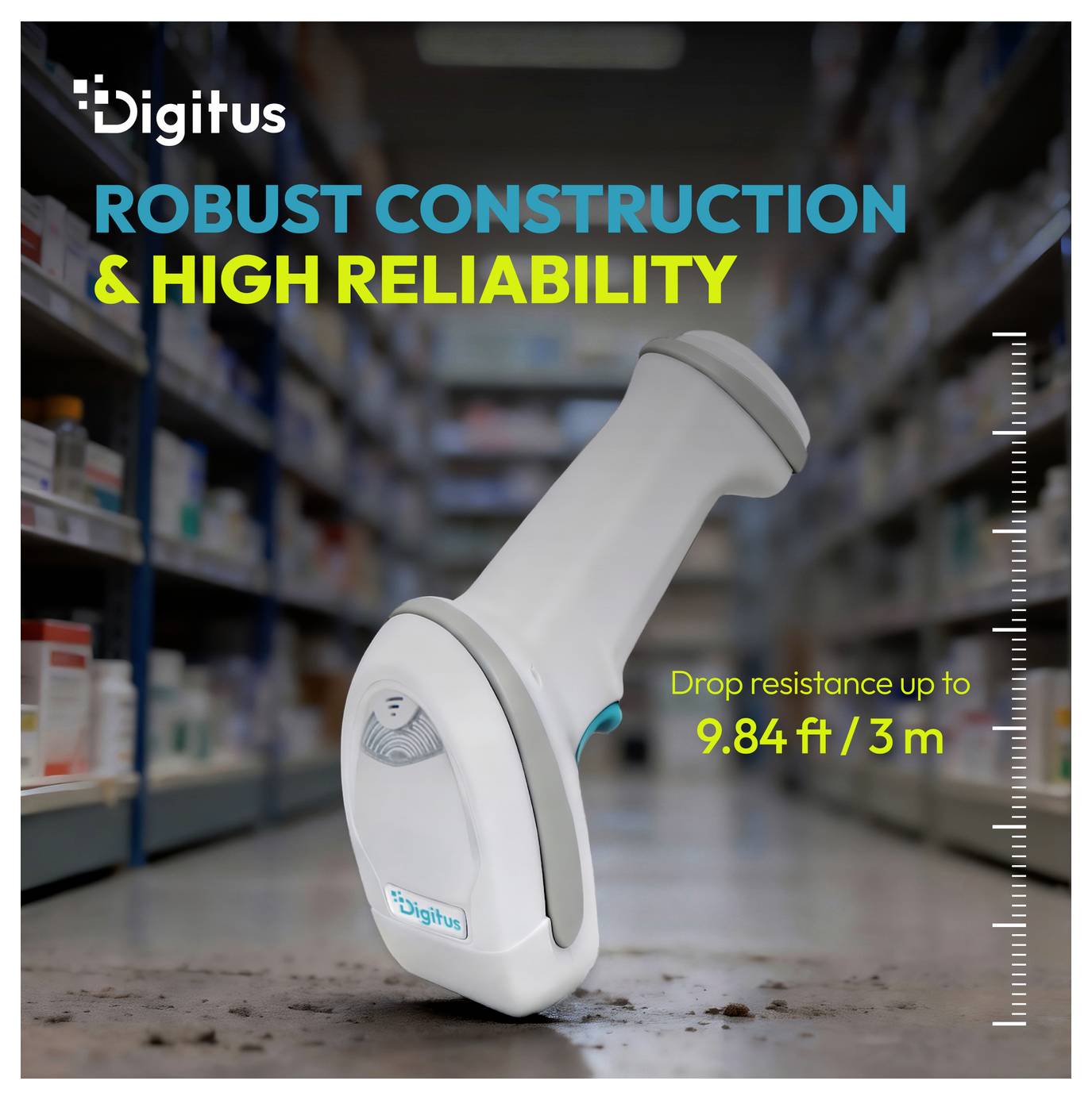 Digitus tragbarer Barcode-Scanner in einem Ladengang mit dem Text "Robuste Konstruktion & hohe Zuverlässigkeit" und "Sturzsicherheit bis 9,84 ft / 3 m".