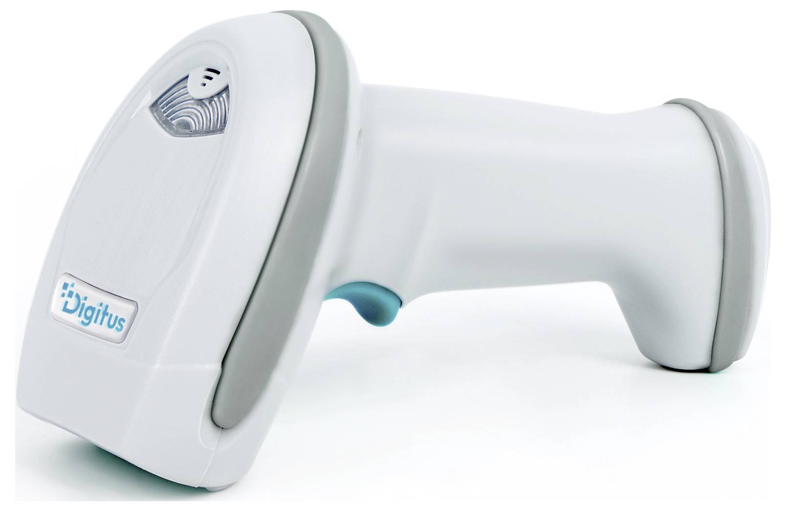 Tragbarer weißer Barcodescanner mit Digitus-Logo auf weißem Hintergrund