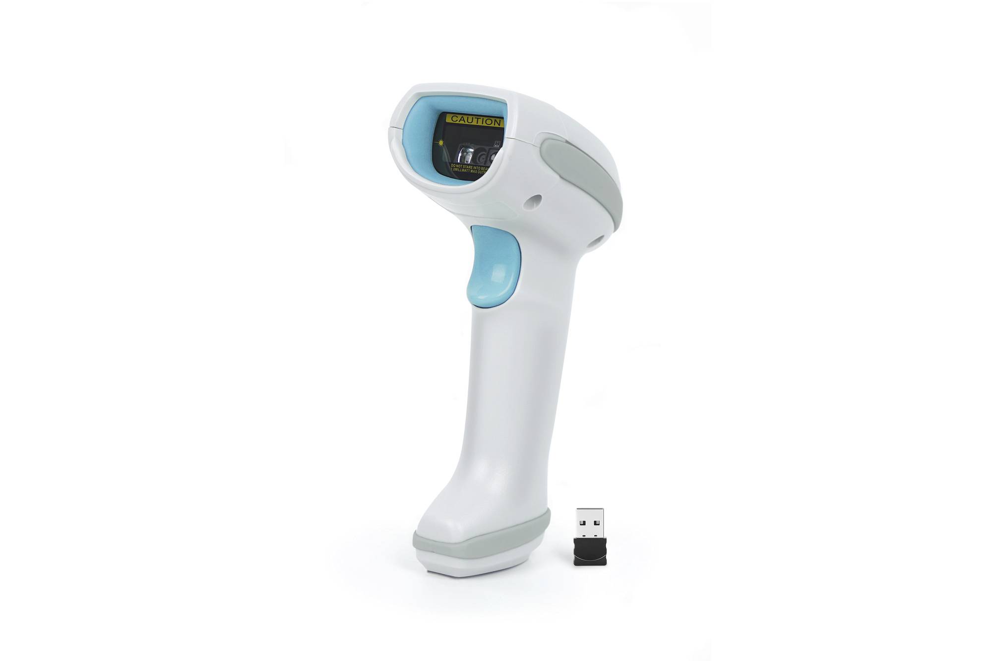 Tragbarer Barcode-Scanner mit USB-Empfänger auf weißem Hintergrund dargestellt.