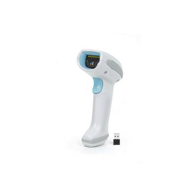 Tragbarer Barcode-Scanner mit USB-Empfänger auf weißem Hintergrund dargestellt.