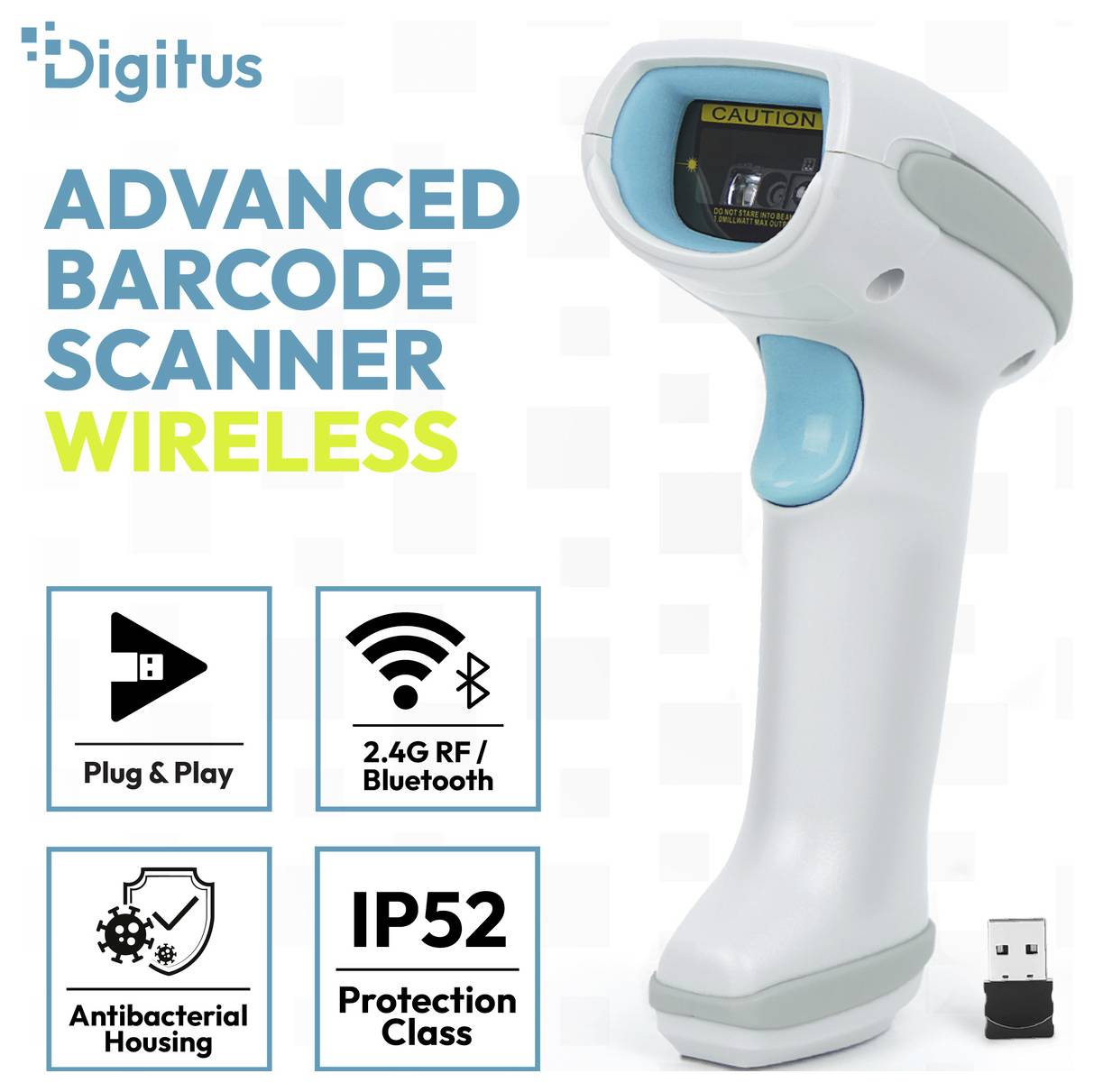 Digitus Wireless Advanced Barcode-Scanner mit 2,4G RF/Bluetooth, Plug and Play, antibakterialem Gehäuse und IP52-Schutzklasse.