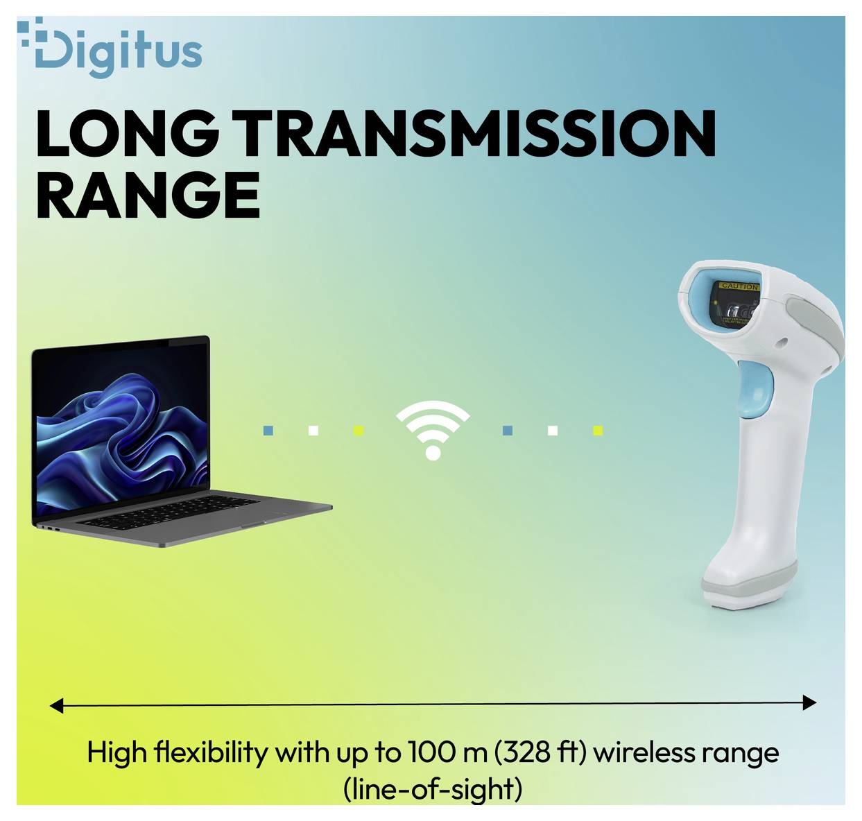 Digitus-Werbegrafik, die einen Laptop und einen tragbaren Scanner zeigt, die per Wi-Fi verbunden sind, mit der Bezeichnung „LANGE ÜBERTRAGUNGSREICHWEITE" und „Hohe Flexibilität mit bis zu 100 m (328 ft) Wireless-Reichweite (Sichtlinie)".