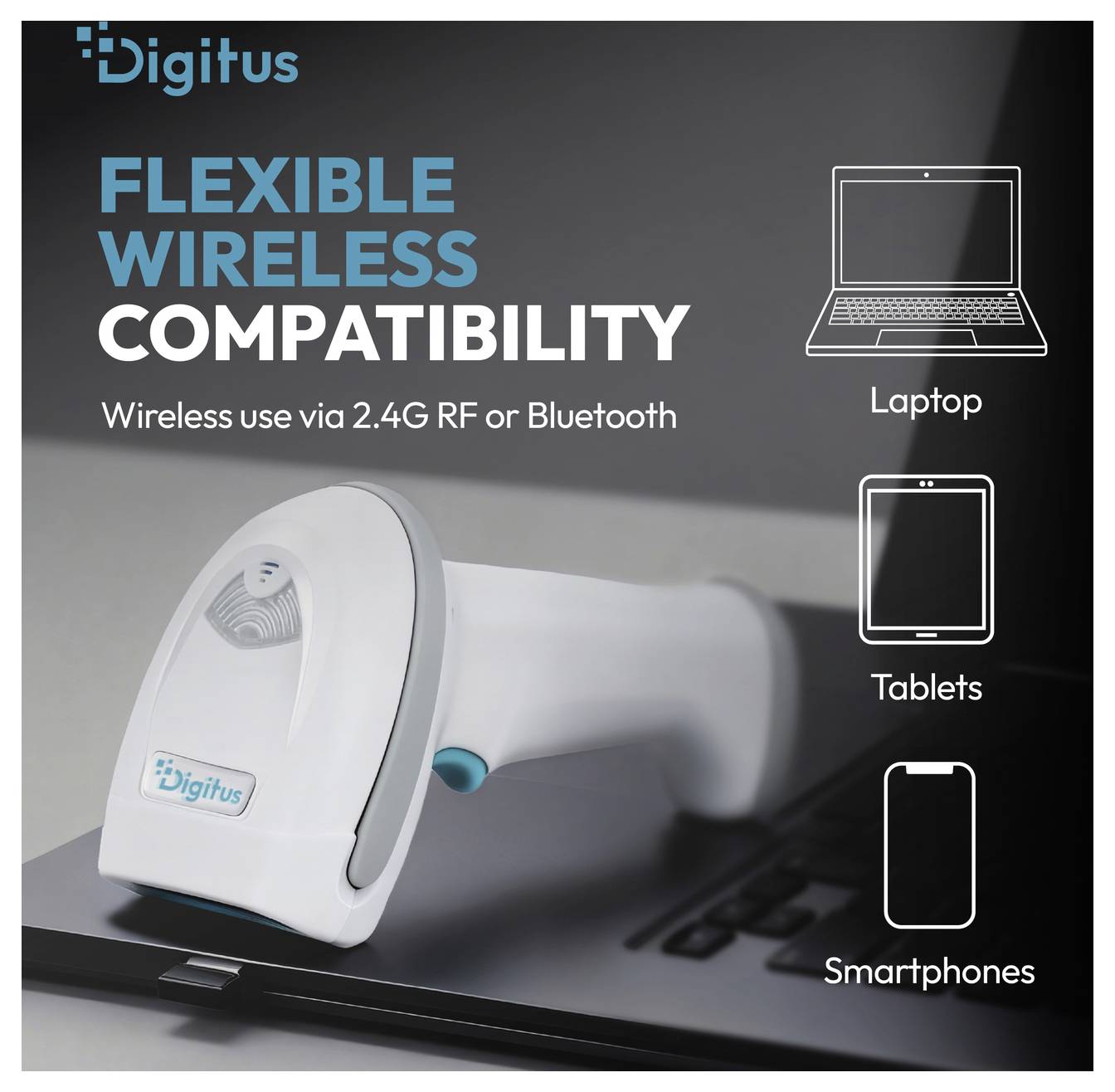 Digitus Barcode-Scanner mit "Flexible Wireless Compatibility" für drahtlose Nutzung via 2,4G RF oder Bluetooth auf Laptops, Tablets und Smartphones.