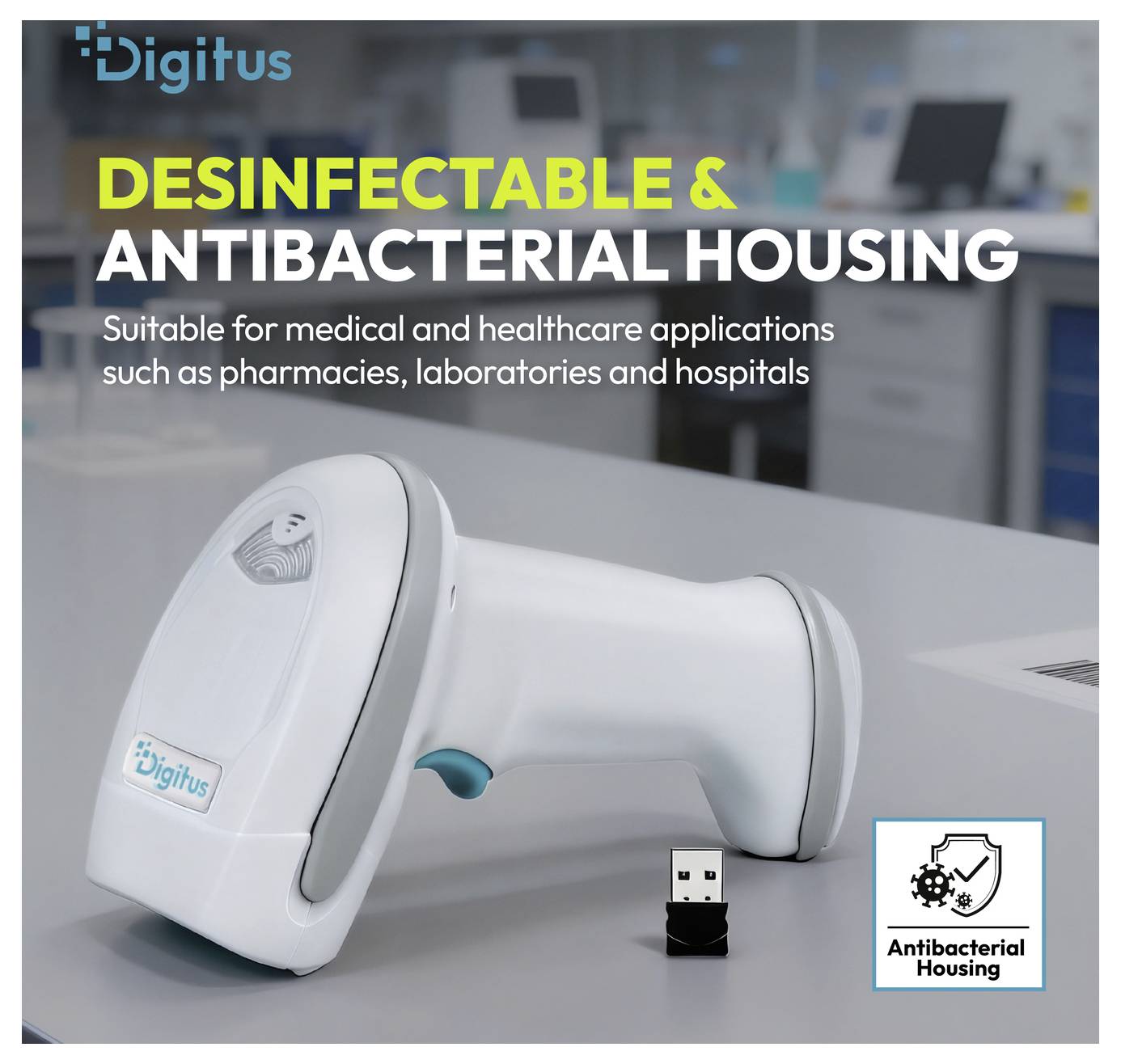 Digitus desinfizierbare, antibakterielle Handheld-Gerätegehäuse für medizinische und Gesundheitswesen; enthält ein "Antibakterielle Gehäuse"-Abzeichen.