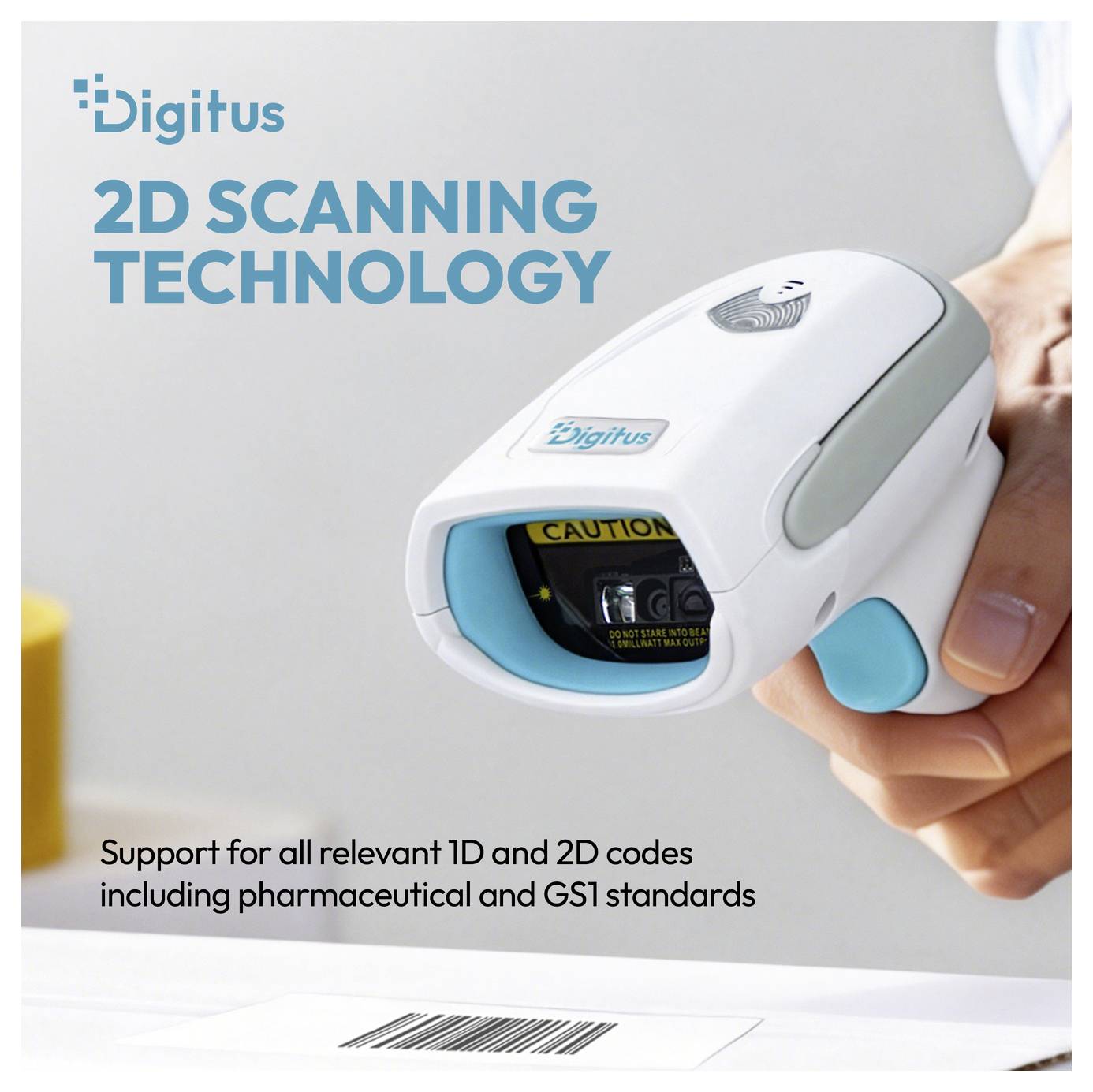 Tragbarer Digitus 2D-Barcode-Scanner mit der Bezeichnung „2D-SCAN-TECHNOLOGIE", der einen Barcode scannt; der Text besagt, dass er 1D- und 2D-Codes unterstützt, einschließlich pharmazeutischer und GSI-Standards.