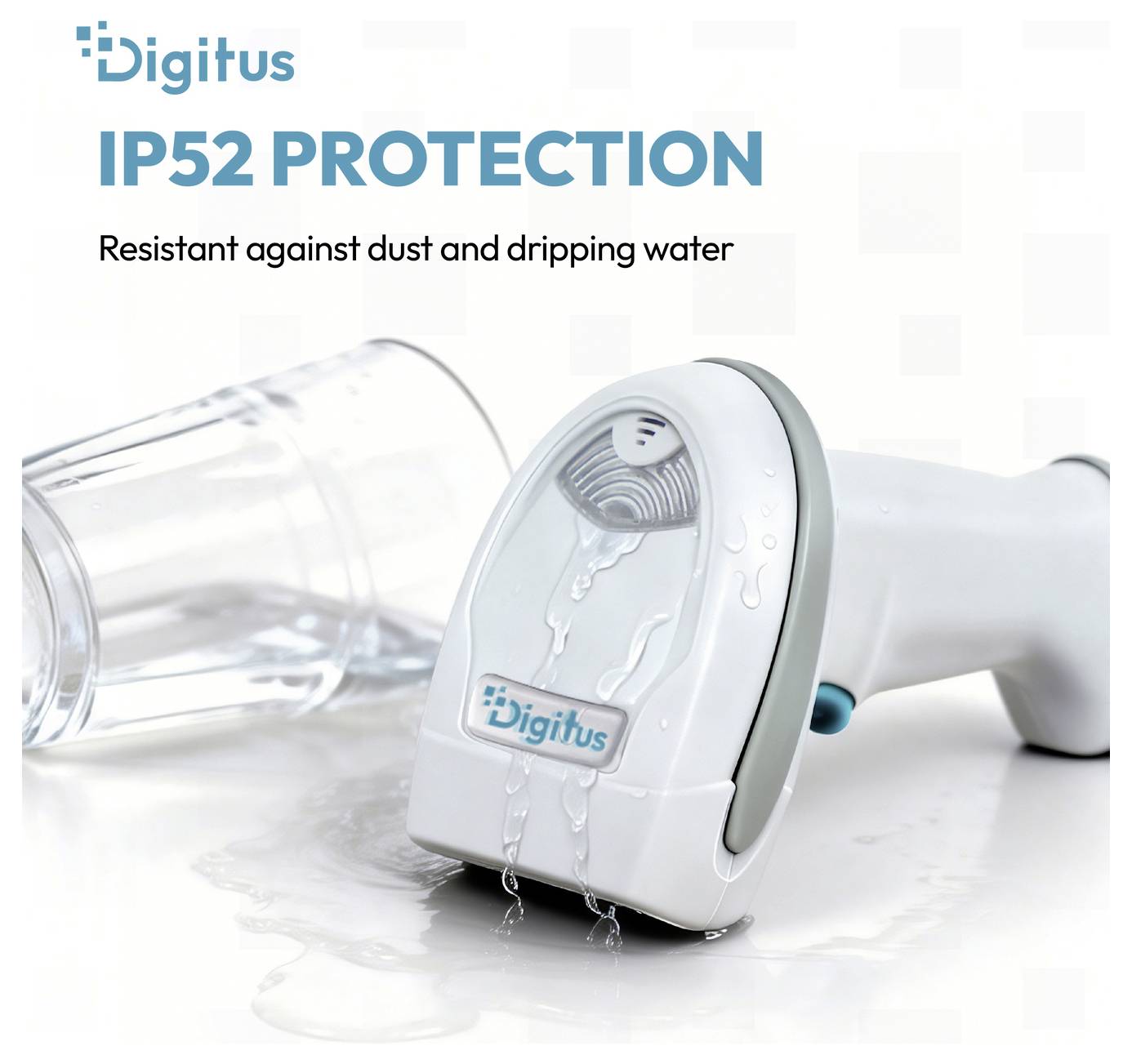 Digitus Haartrockneraufsatz mit tropfendem Wasser, gekennzeichnet mit „IP52 SCHUTZ" und „Beständig gegen Staub und tropfendes Wasser" zur Darstellung der Wasserbeständigkeit.