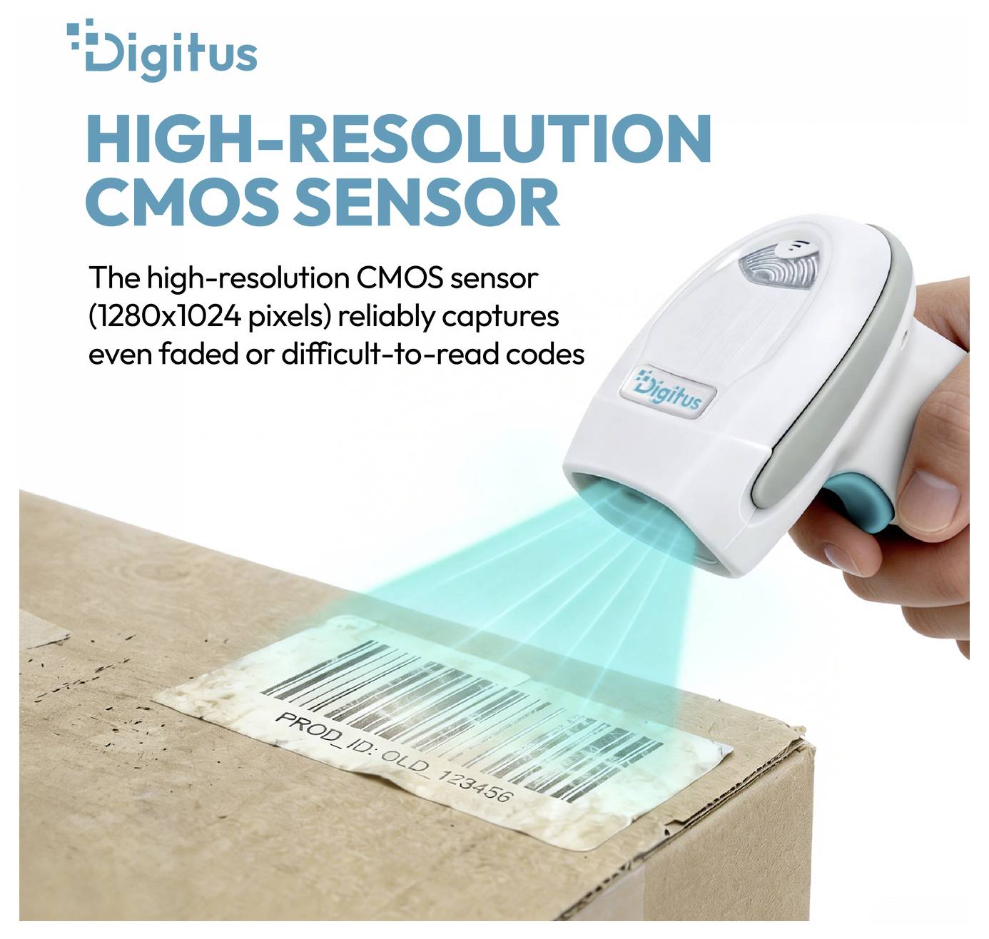 Digitus hochauflösender CMOS-Barcodescanner liest einen verblassten Barcode auf einem Karton, mit Text, der 1280x1024 Pixel für schwer lesbare Codes angibt.