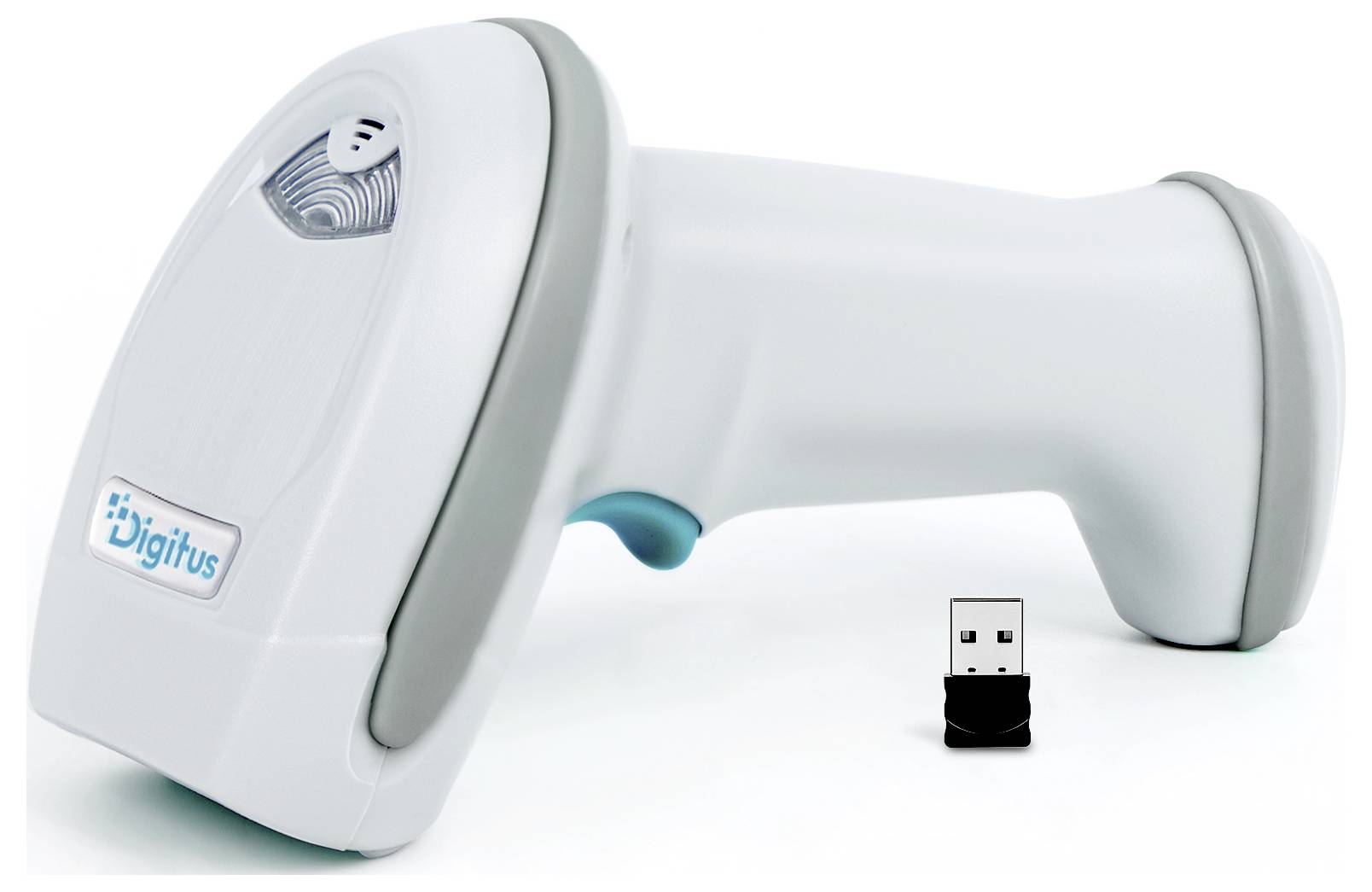 Tragbarer Barcode-Scanner mit USB-Empfänger-Dongle auf weißem Hintergrund.