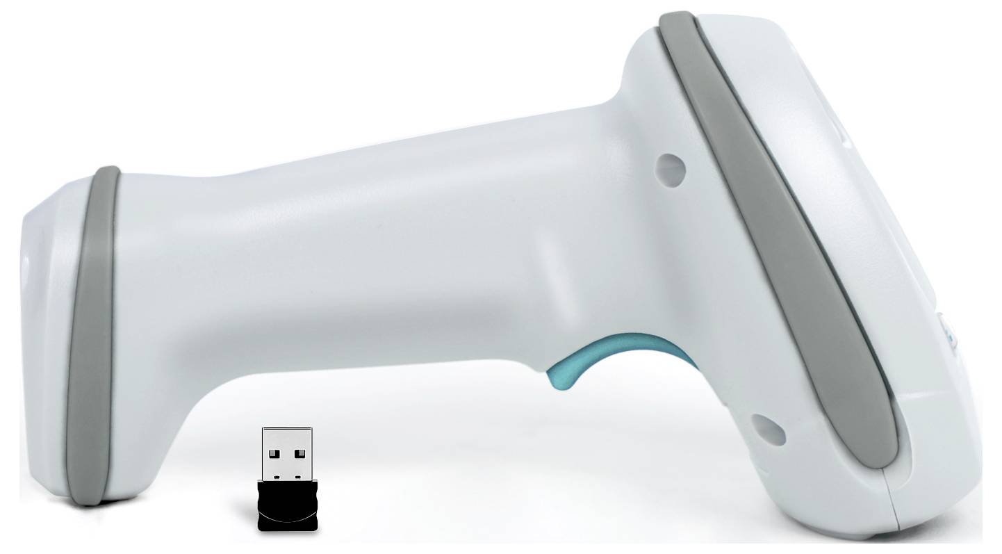 Weißer tragbarer Barcode-Scanner mit grauen Griffen und einem daneben abgebildeten USB-Empfänger-Dongle.