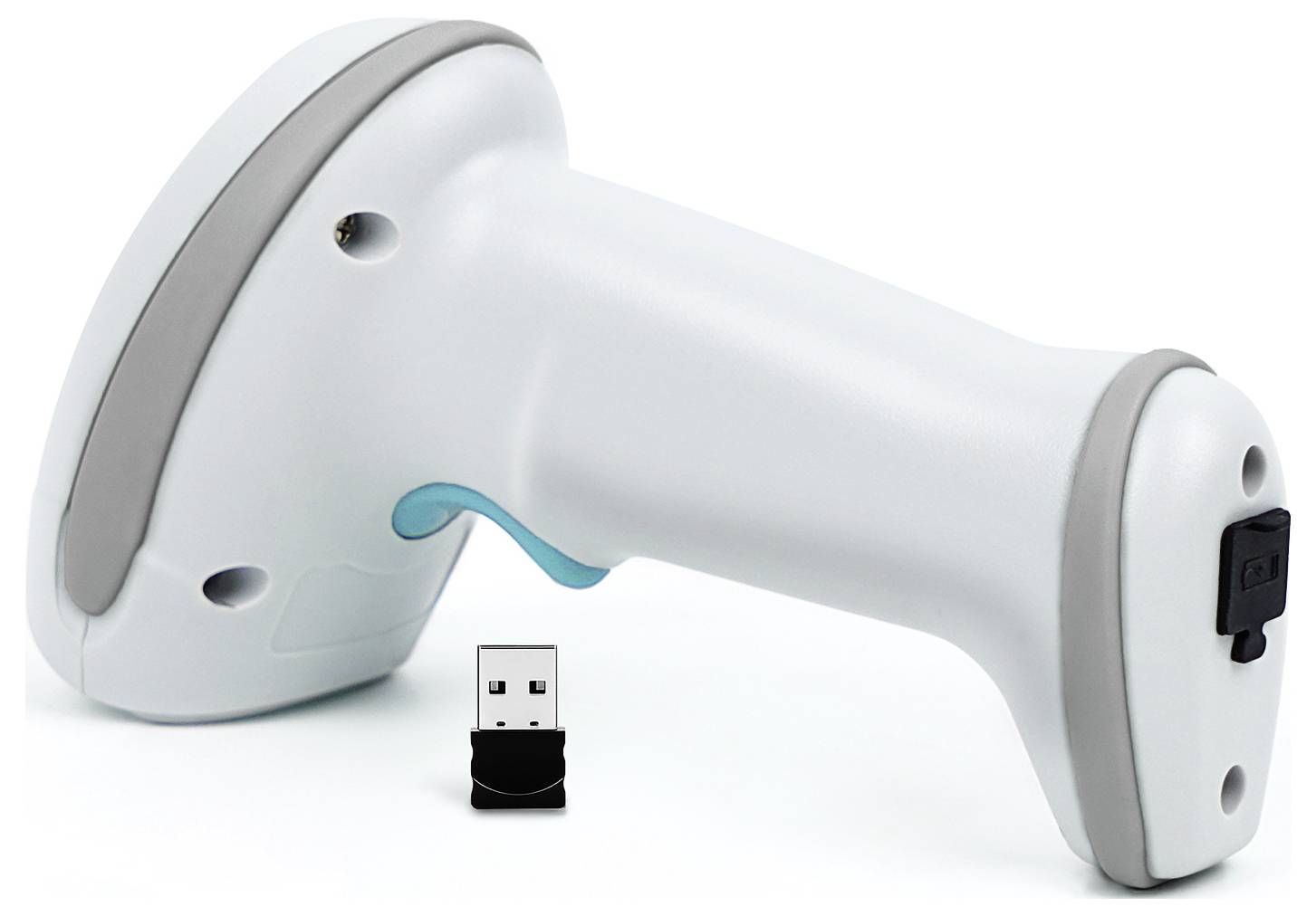 Kabelloser tragbarer Barcode-Scanner mit USB-Empfänger-Dongle, unten abgebildet