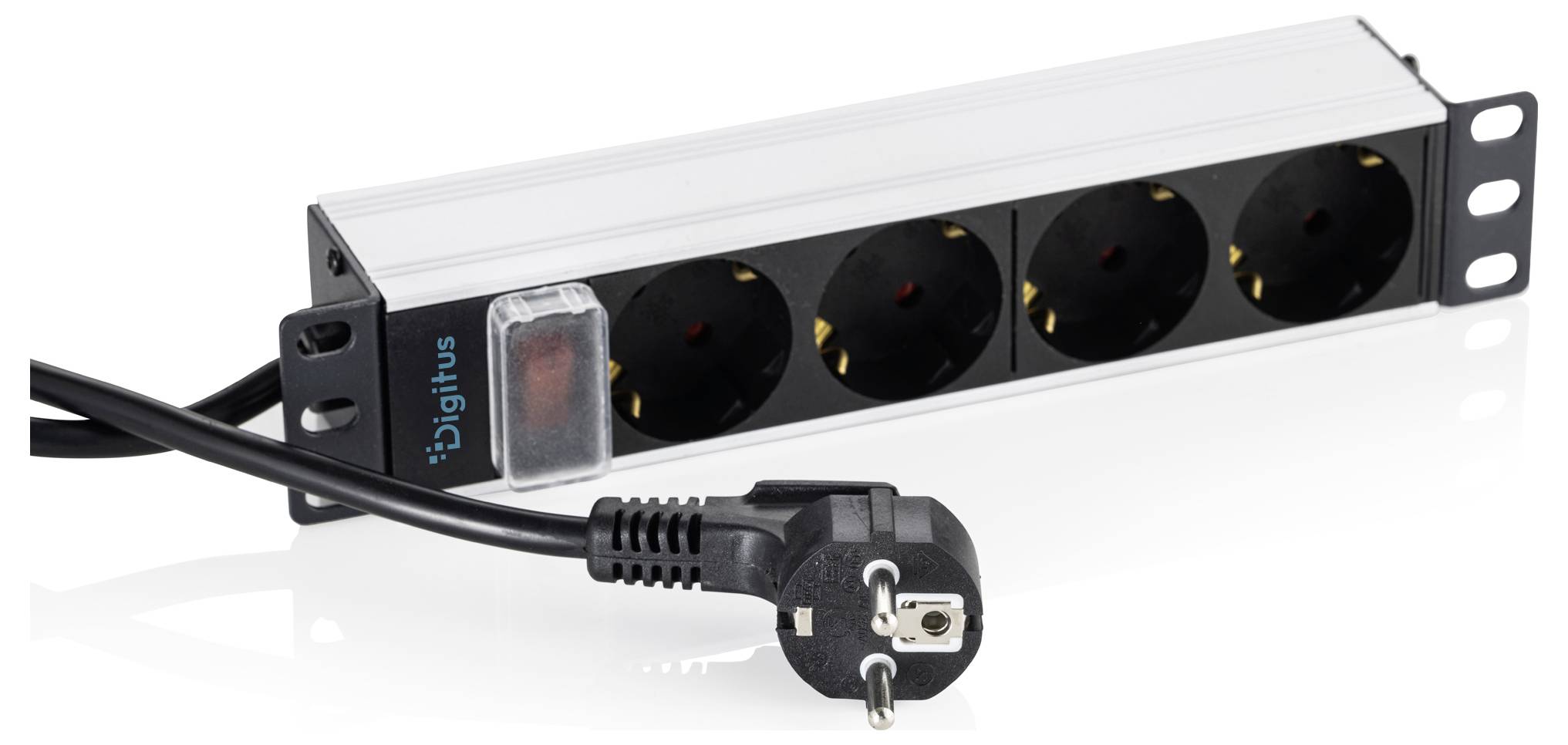 Stromanschlussleiste zur Rackbefestigung mit vier schwarzen Steckdosen, einem Schalter und einer Stromschnur mit Stecker