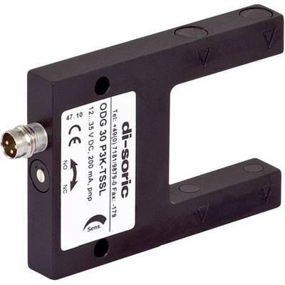 Industrieller U-förmiger Sensor mit Beschriftung und Stecker, wahrscheinlich ein photoelektrischer Gabelsensor zum Erkennen von Objekten, die durch den Spalt hindurchgehen.