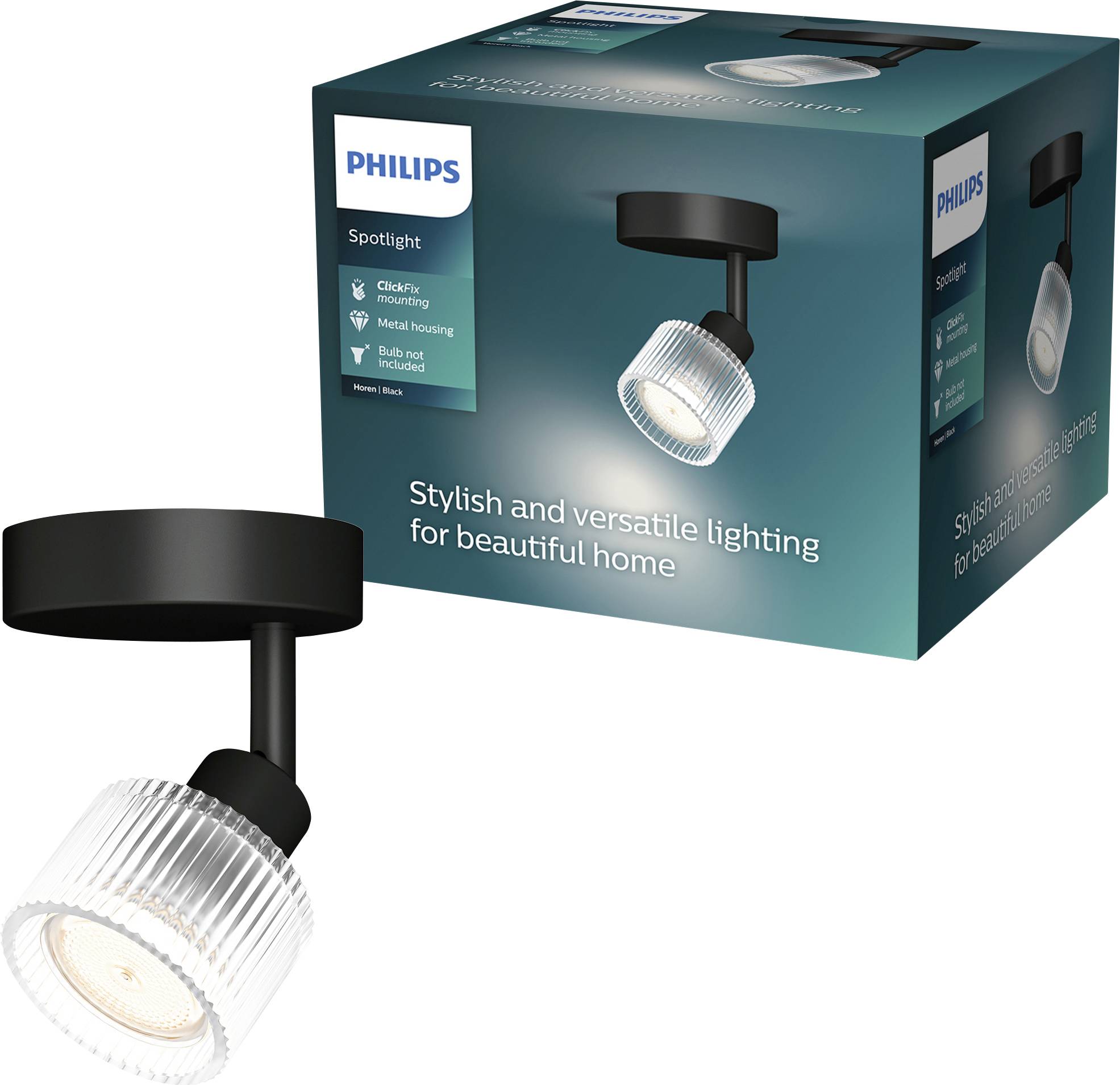 Philips-Spotleuchte und Verpackung mit der Aufschrift „Stilvolles und vielseitiges Licht für ein schönes Zuhause" auf der Schachtel.