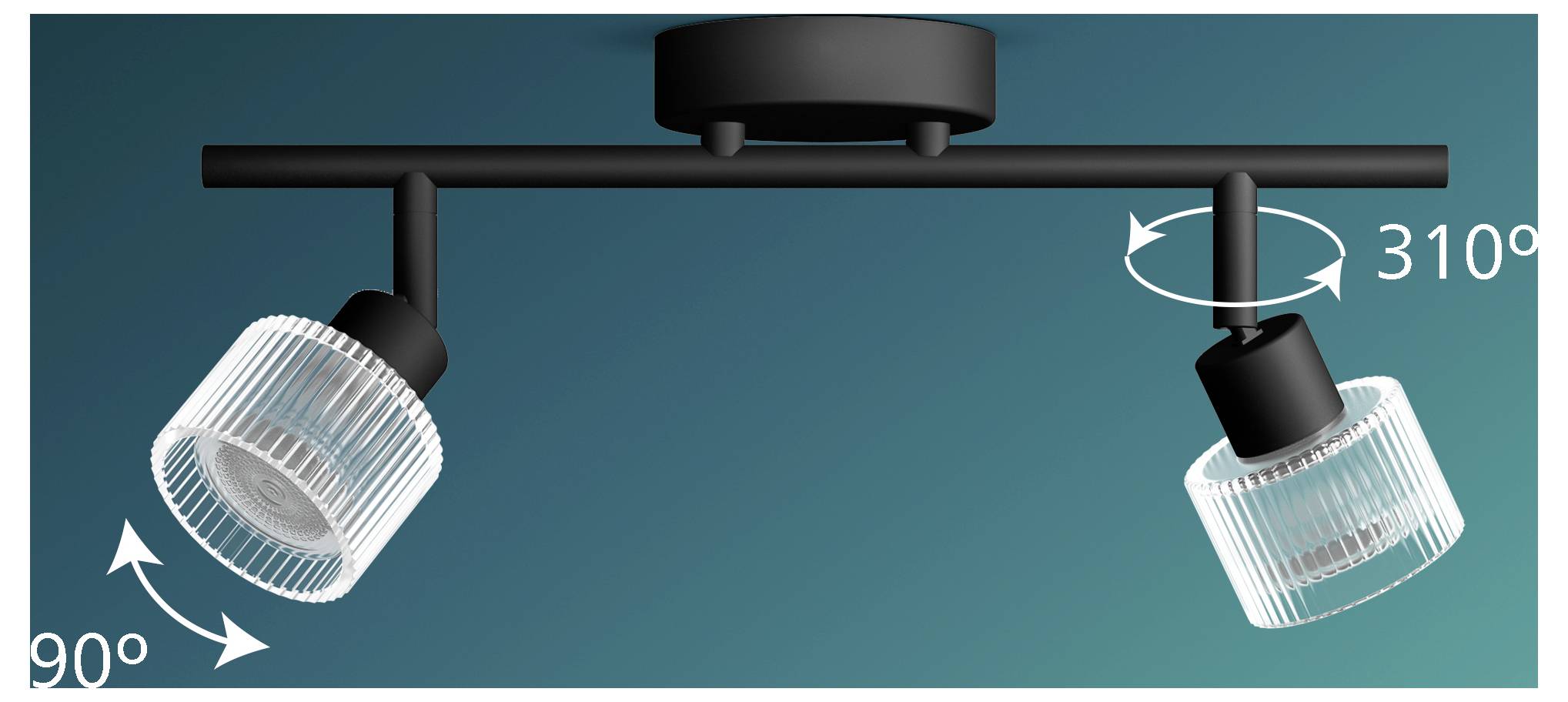 Diagramm von zwei verstellbaren Schienenleuchten, die eine Richtungsrotation zeigen: Die linke Leuchte neigt sich um 90° und die rechte Leuchte dreht sich um 310° entlang einer Deckenleiste.