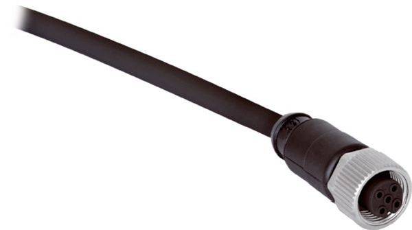 Nahaufnahme eines schwarzen Kabels mit einem runden Mehrpin-Stecker am Ende.