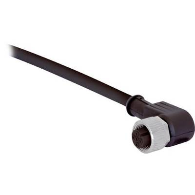Nahaufnahme eines schwarzen Winkelstecker-Industriekabelkonnektors mit grauem Gewindearretierungsring.