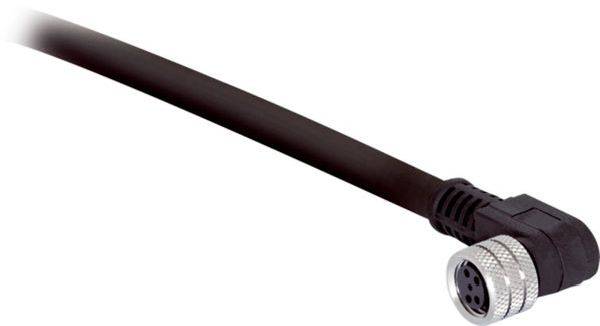 Schwarzes Kabel mit einem rechtwinkeligen Metallkreisverbinder auf weißem Hintergrund, wahrscheinlich ein Industrie- oder Audio-/Datenkabel.