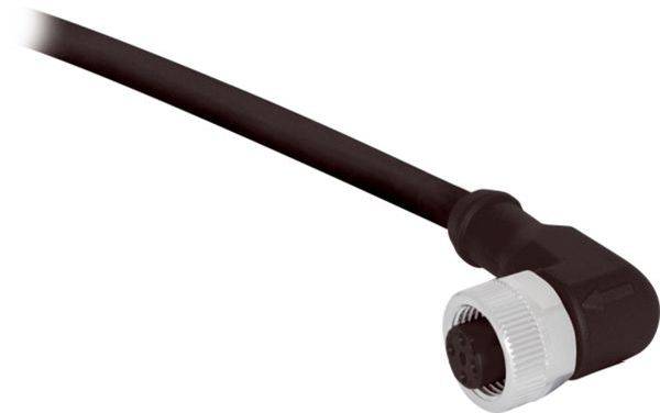 Schwarzes Kabel mit rechtwinkliger Kreisverbindung, das die gewinde weiße Kupplung und Stiftsockel am weißen Hintergrund zeigt.