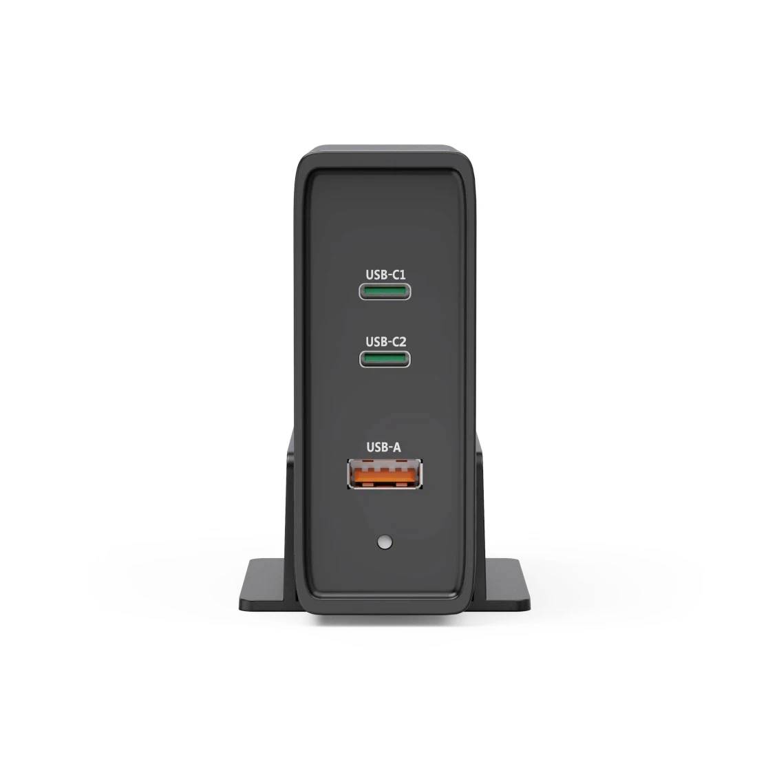 Schwarzer USB-Hub von vorne gezeigt mit beschrifteten Anschlüssen USB-C1, USB-C2 und USB-A sowie einer kleinen Statusleuchte darunter.