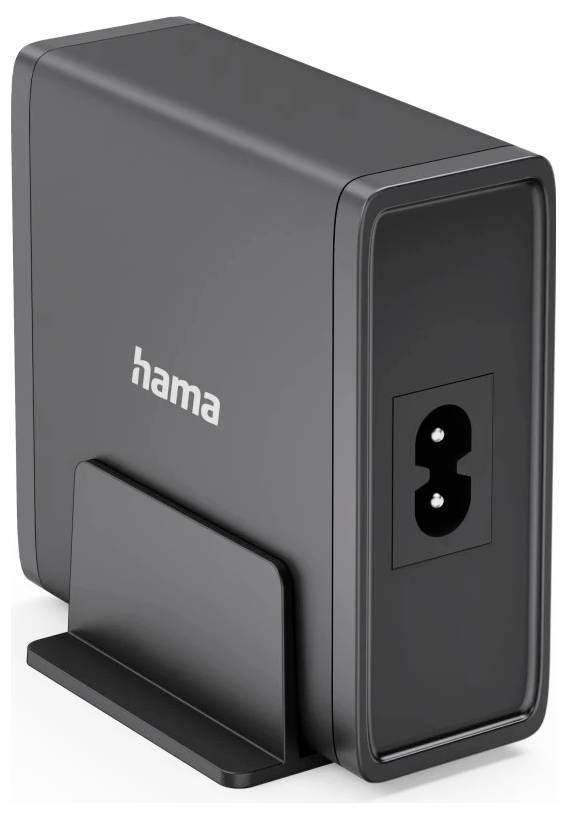 Schwarzer Hama Stromadapter oder Ladegerätblock mit einer vorderen Steckdosenanöffnung, aufrecht auf einem Ständer vor weißem Hintergrund dargestellt.