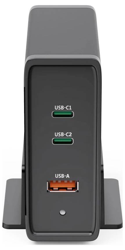 Vorderansicht eines schwarzen USB-Hubs mit drei beschrifteten Anschlüssen: „USB-C1", „USB-C2" und „USB-A".