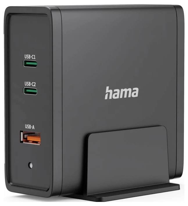 Schwarzer Hama-Desktop-Ladehub mit USB-C1-, USB-C2- und USB-A-Anschlüssen auf der Vorderseite, stehend auf einem Sockel.