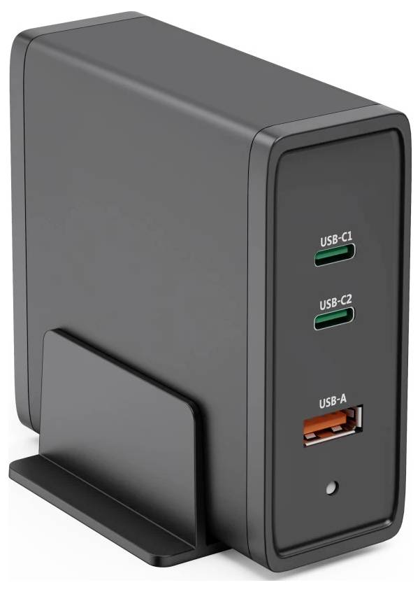 Schwarzes Netzteiladapter-Dock mit drei vorderen Anschlüssen mit den Bezeichnungen USB-C1, USB-C2 und USB-A.