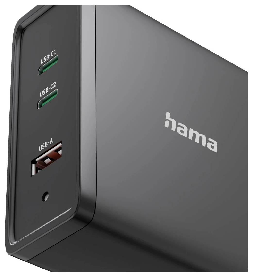 Schwarzes Hama USB-Wandladegerät mit zwei USB-C-Anschlüssen und einem USB-A-Anschluss an der Vorderseite.