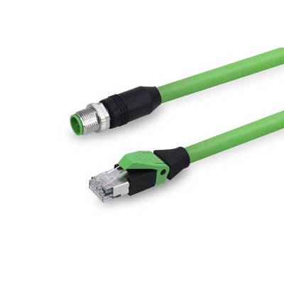 Grünes Industriekabel mit zwei unterschiedlichen Steckverbindern: ein Metallstecker mit Gewinde in runder Form und ein RJ45-Ethernet-Stecker.