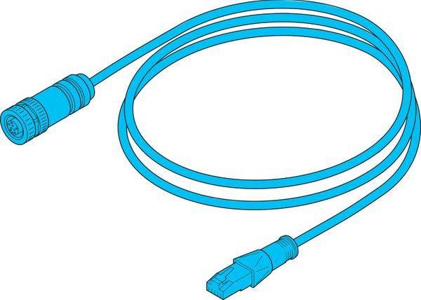 Blaues Ethernet-ähnliches Kabel mit zwei Steckern, einem runden und einem RJ45-Stecker, aufgerollt auf weißem Hintergrund