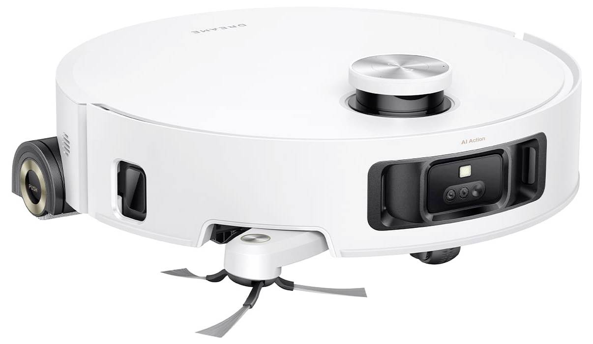 Weißer Roboter-Staubsauger mit Lidar-Drehturm und frontalem Sensorfenster, dargestellt in einer produktstylisierten Seitenansicht vor weißem Hintergrund.