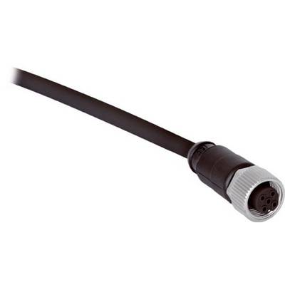 Nahaufnahme eines schwarzen Kabels mit einem grauen runden Mehrfach-Stecker am Ende.